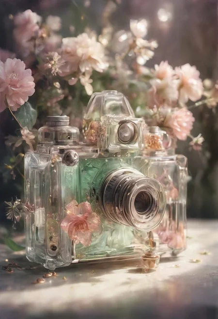 fanciful, translucent vintage camera with metallic copper and silver details, filled with an array of soft pastel flowers including hues of pink and white and green inside it, floating golden sparkles, magical touch to the composition, translucent, transparent, tranzp