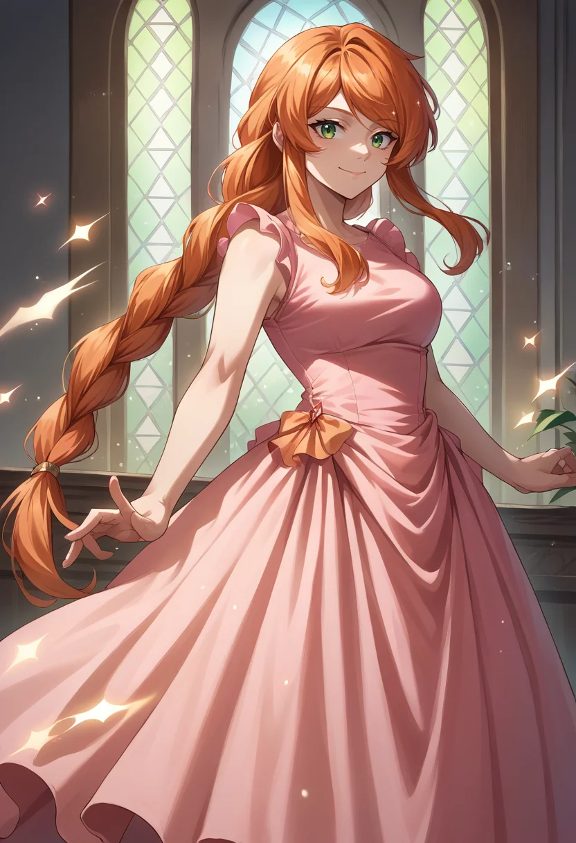 score_9, score_8_up, source_anime, 1girl, solo, FlammeFrieren, orange hair, green eyes, long hair, braided ponytail, long dress, pink dress, frills, bow, :d, sparkles, sparkling, smile, indoors, standing, <lora:ChamFlammePonyXL:1>