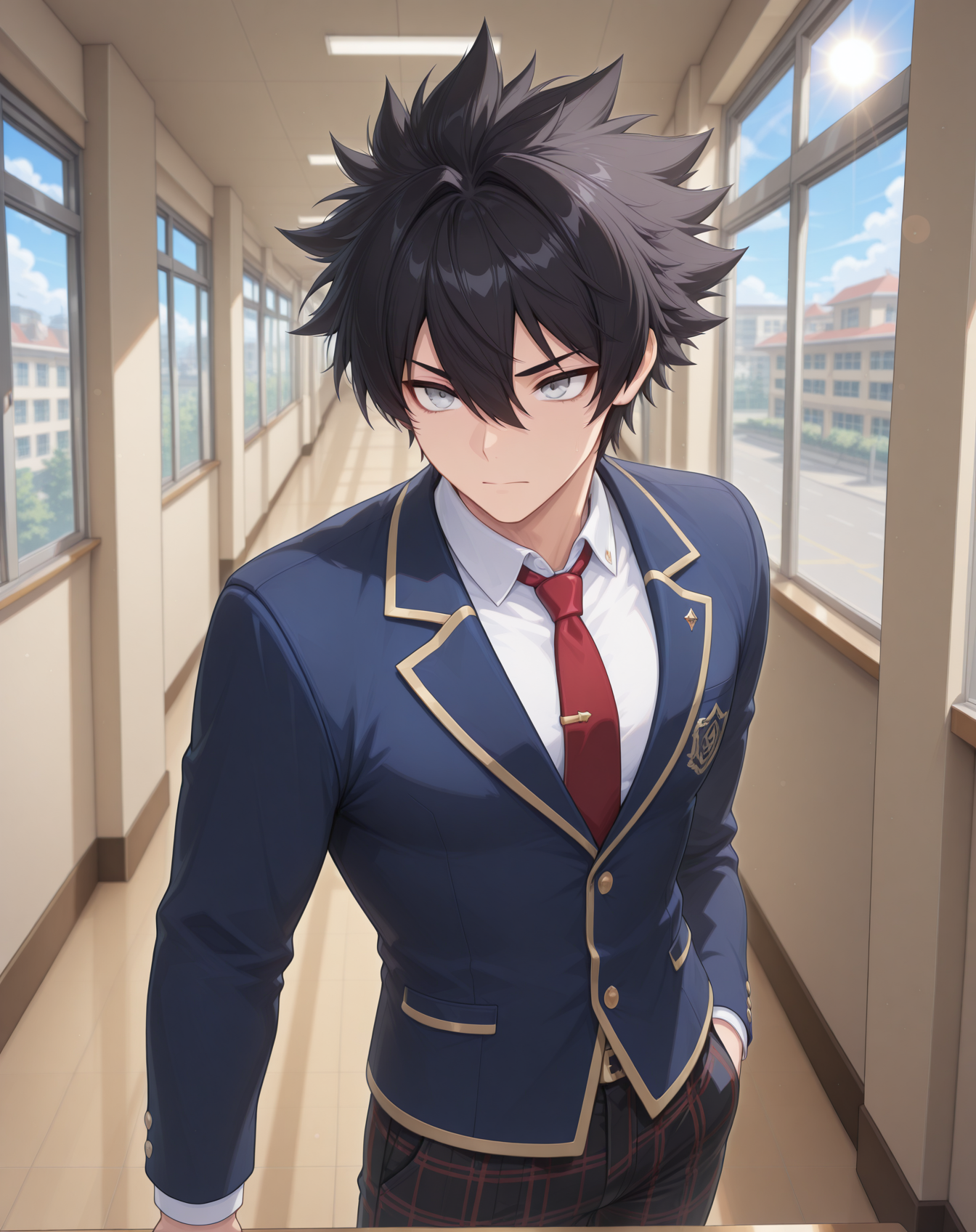 masterpiece,best quality,amazing quality, newest, very aesthetic, absurdres,
1boy, solo, yaoi, male focus, looking at viewer, cowboy shot,
 <lora:Sieghart_Wonderland_ilxl:1> sieghartwonderland, spiked hair, black hair, hair between eyes, grey eyes, short hair,
school uniform, white shirt, collared shirt, blue jacket, red necktie, black pants, plaid pants,
indoors, school, hallway, window, day, sun,