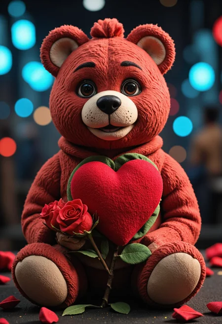 <lora:Pieper-Puppet-023:0.8>,A heart-shaped stuffed bear with a rose for Valentine’s Day.,glossy paper, iso150, 35mm, score_9, intricate details, Hyperrealism style, 3d, concept-art, dreaminess, psychedelic, shallow-depth-of-field, cinematic lighting, soft bokeh, very beautiful composition, Unreal, real-time 3D, Epic Games style, Unreal Engine style, 3d-rendering, vibrant contrast depth and shadow enhanced using (Gaussian blur) for a soft background focus, (sharpen filter) applied, (color grading) to enhance contrast between warm and cool tones, (noise reduction) for a smooth, clean finish, (HDR toning) used for extra depth and detail, highly detailed dreamy background detailed skin texture, subsurface scattering award-winning, professional, highly detailed, dreamlike, mysterious, provocative, symbolic, intricate, detailed, hyper-detailed, masterpiece, award winning, midjourneyv6.1