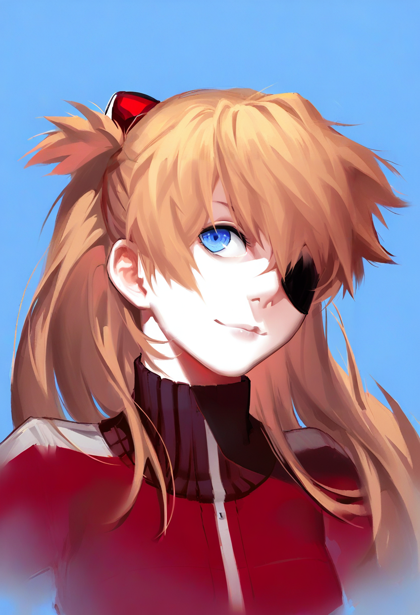 1girl, solo, souryuu asuka langley, blue eyes, long hair, eyepatch, jacket, track jacket, smile, upper body, blue background, red jacket, simple background, looking at viewer, orange hair, plugsuit <lora:solaXL_NBVP1_lokr_V6311PZ:0.95>