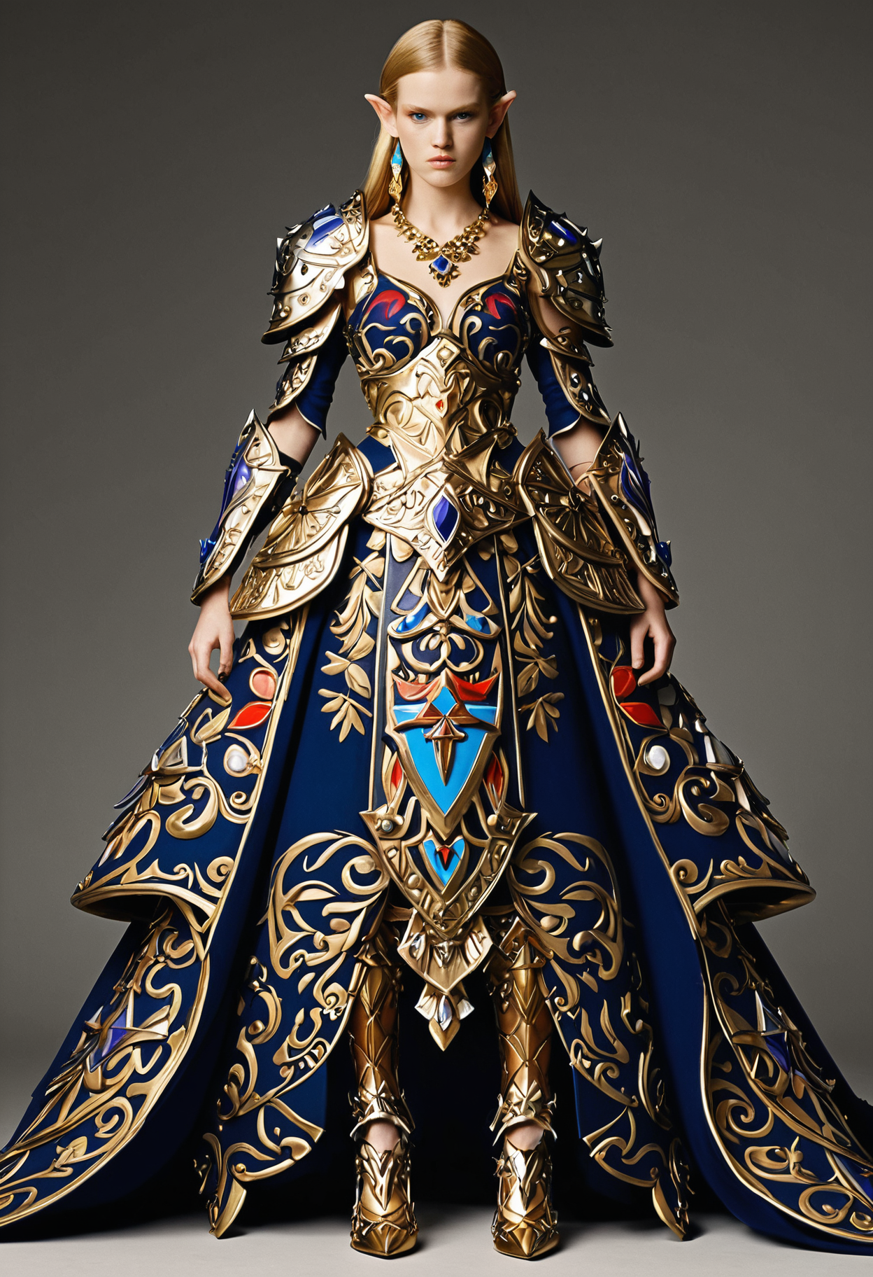 Legend of Zelda style <lora:Alexander McQueen-concept art-000005:1>, alexander mcqueen, concept art, armor dress . Vibrant, fantasy, detailed, epic, heroic, reminiscent of The Legend of Zelda series