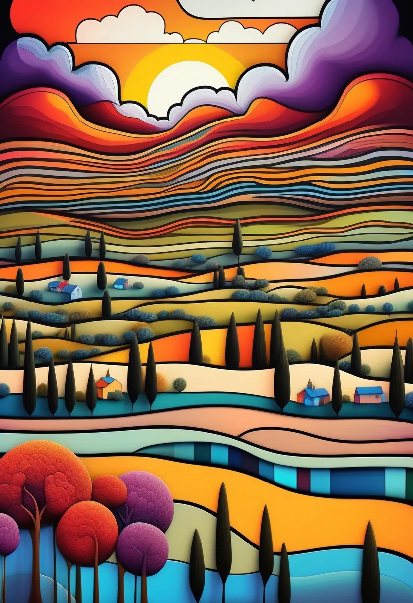 Rolling hills of Tuscany in a vibrant psychedelic style, with bold, surreal colors separated by sharp black lines, creating a stained-glass effect. A small village in the distance with terracotta rooftops and stone walls, stylized with vivid hues of purple, blue, and orange. Cypress trees and wildflowers rendered in exaggerated, kaleidoscopic patterns. Golden sunlight breaking through in fragmented beams, casting a dreamlike glow over the landscape. Highly detailed, surreal composition, inspired by psychedelic art and Italian countryside aesthetics, 8K resolution, vivid and trippy yet harmonious color palette, a mesmerizing and otherworldly mood.