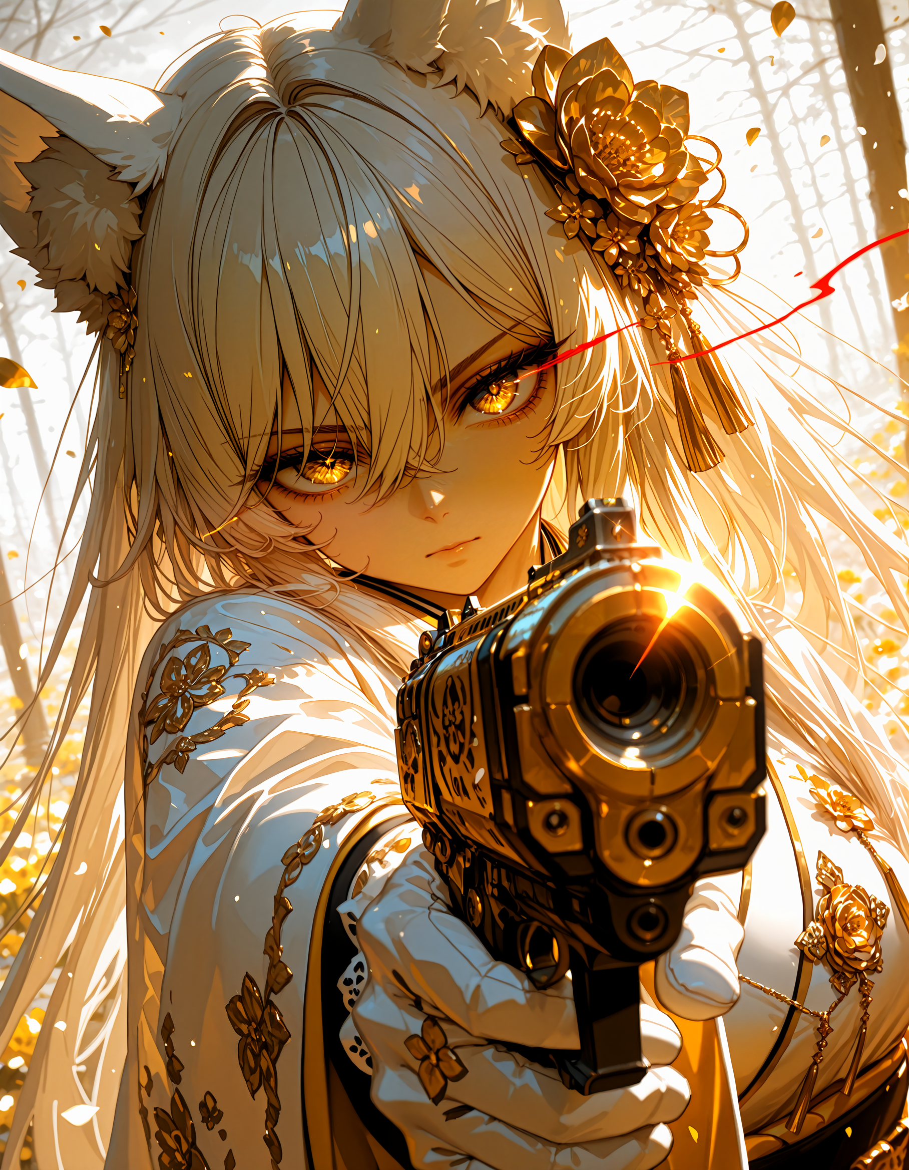 masterpiece, best quality,high quality, newest, highres,8K,HDR,absurdres,4ur4_illu,shiny, <lora:Aura_illu:1>,4ur4_illu, 1girl, animal ears,close up, weapon,eye trail, solo, holding,aiming at viewer,  hair between eyes, gun, long hair, looking at viewer,gold engraving,  marble weapon,  white hair, holding handgun, bangs, petals, japanese clothes, flower, closed mouth, hair ornament, animal ear fluff, kimono,gold  hair flower, upper body,limited palette,dynamic action,  gloves, blurry, very long hair, depth of field, white gloves,  dynamic pose, dynamic composition,dutch angle, depth of field,white_theme,detailed backgroud,foreshortening,blurry edges,