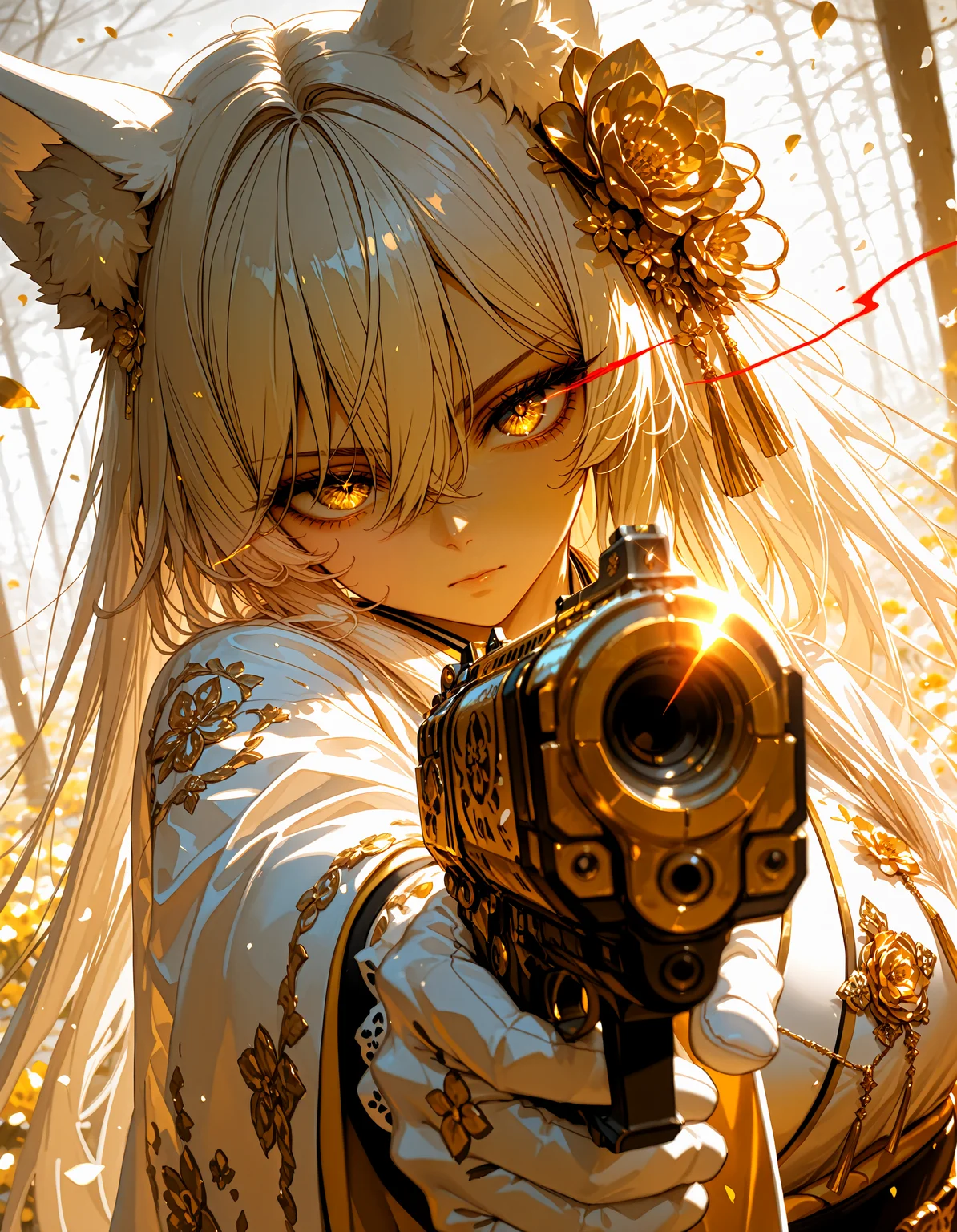 masterpiece, best quality,high quality, newest, highres,8K,HDR,absurdres,4ur4_illu,shiny, <lora:Aura_illu:1>,4ur4_illu, 1girl, animal ears,close up, weapon,eye trail, solo, holding,aiming at viewer, hair between eyes, gun, long hair, looking at viewer,gold engraving, marble weapon, white hair, holding handgun, bangs, petals, japanese clothes, flower, closed mouth, hair ornament, animal ear fluff, kimono,gold hair flower, upper body,limited palette,dynamic action, gloves, blurry, very long hair, depth of field, white gloves, dynamic pose, dynamic composition,dutch angle, depth of field,white_theme,detailed backgroud,foreshortening,blurry edges,