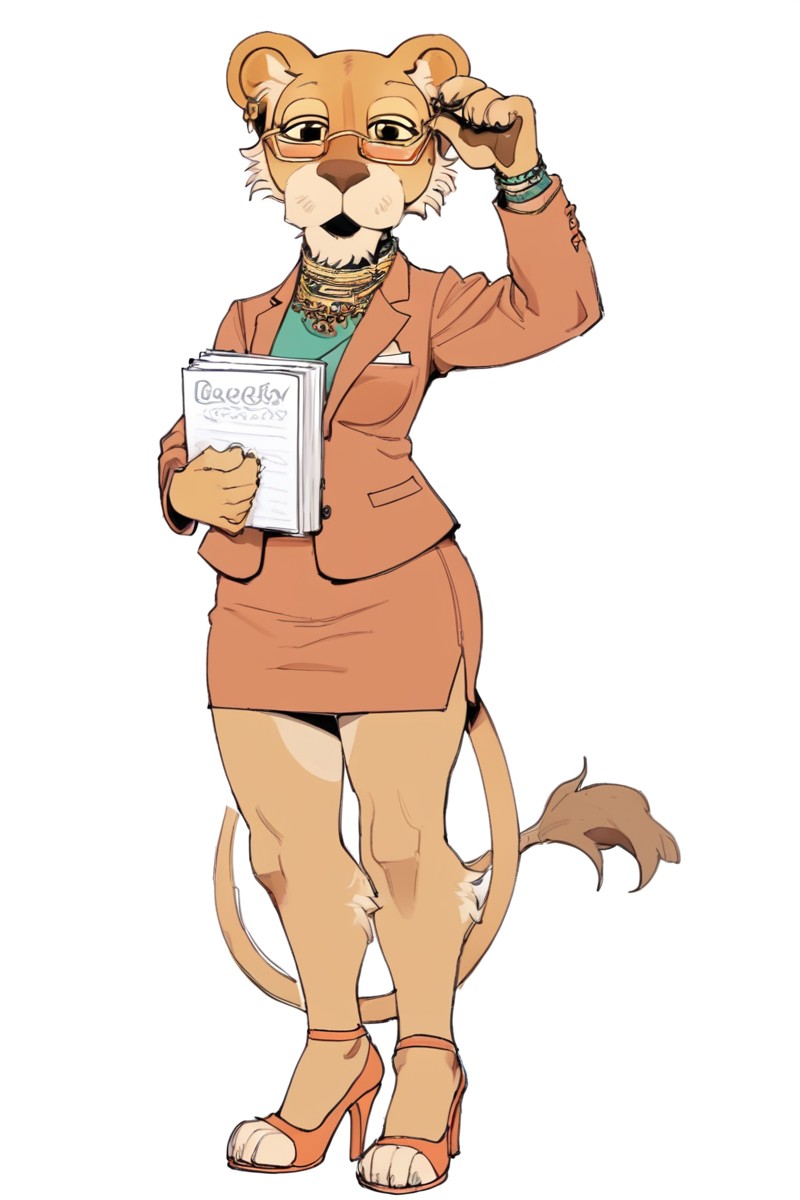 score_9,score_8,score_7,source_furry,
<solo:2.5>,
<1girl:1.5>,
cleo_between_lions,lion, lion girl,cleo,
1girl, solo, smile, skirt, simple background, white background, animal ears, jacket, tail, full body, glasses, high heels, sketch, book, formal, suit, furry, pencil skirt, furry female, adjusting eyewear, office lady, skirt suit,
_131STYLE,
<lora:cleo_between_the_lions:0.7> cleo_between_lions,
<lora:Between_The_Lions:1>