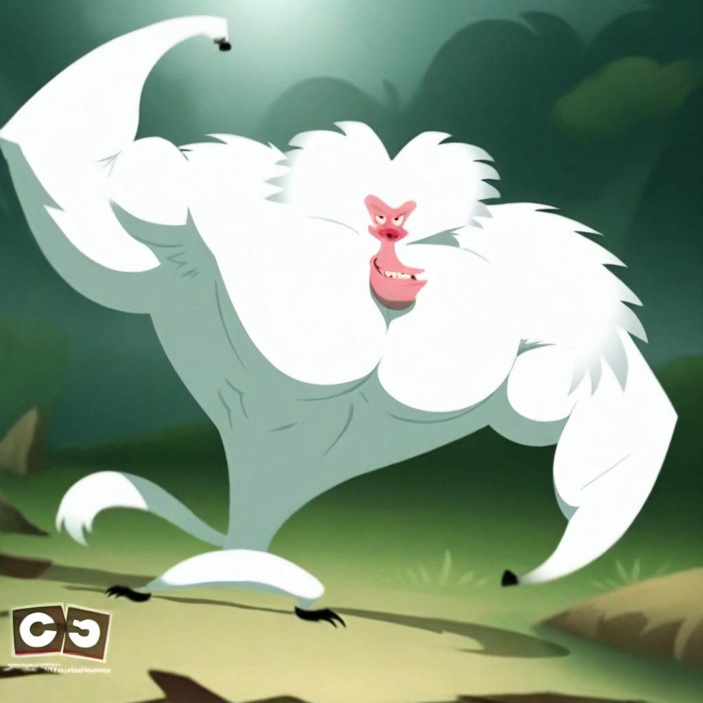 absurdres, masterpiece, 4k, 8k, cinematic lighting, dynamic posing BREAK Baboon, white fur, primate, villain, 1boy, solo, flexing biceps, evil smile, muscular male, large muscles, large pectorals, growing, looking at viewer BREAK forest