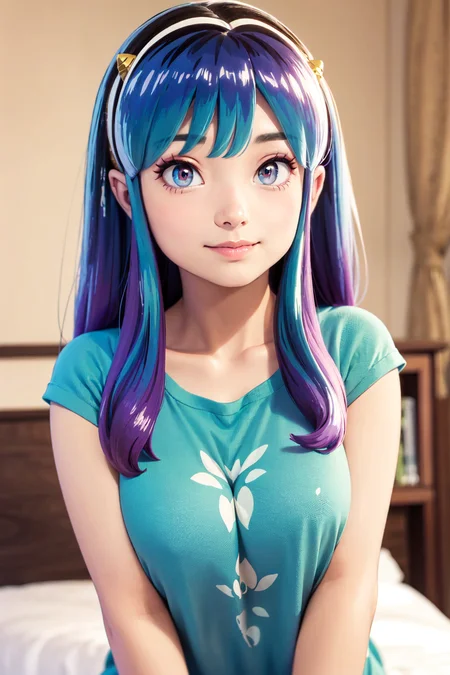 1girl, Lum, shirt, finely detailed beautiful eyes, cute, smile, shirt, room, masterpiece, best quality, detailed, colorful, sidelighting, lustrous skin, realistic, medium breast
