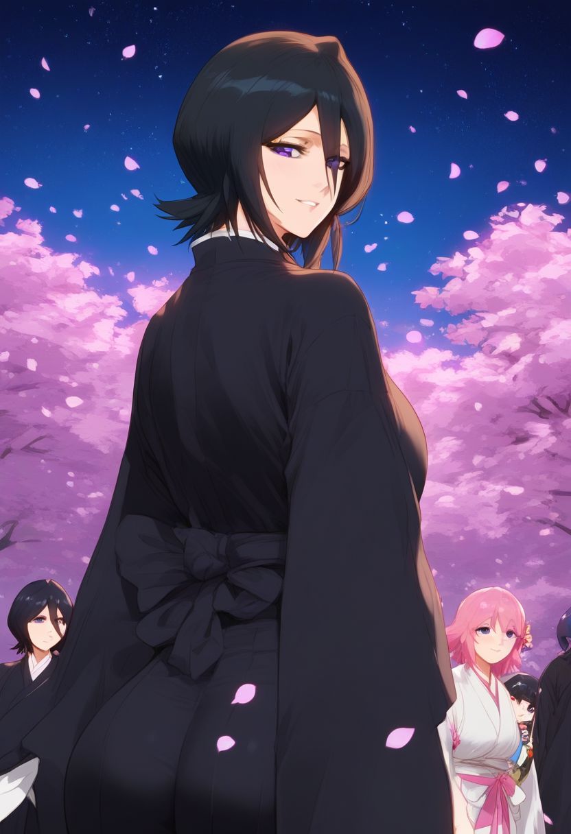 Expressiveh, Masterpiece, high detail, Mature female, 1girl, rukia kuchiki, black hair, hair between eyes, purple eyes, short hair, japanese clothes,white ribbon, wide sleeves, kimono, petals, black kimono, smiling, looking back, sakura blossom, night sky, standing