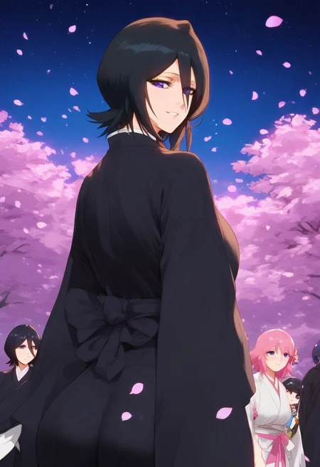 Expressiveh, Masterpiece, high detail, Mature female, 1girl, rukia kuchiki, black hair, hair between eyes, purple eyes, short hair, japanese clothes,white ribbon, wide sleeves, kimono, petals, black kimono, smiling, looking back, sakura blossom, night sky, standing