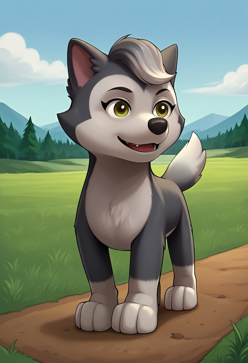 BREAK score_9, score_8_up, score_7_up, source_anime, front view, 1girl, solo, Gasket_PP, feral, dog, alaskan malamute, two tone fur, gray-white, grey tuft, green eyes, fluffy tail, grass, detailed background, day, sun, blue sky, (dynamic pose:1.5), (creativity:1.5),