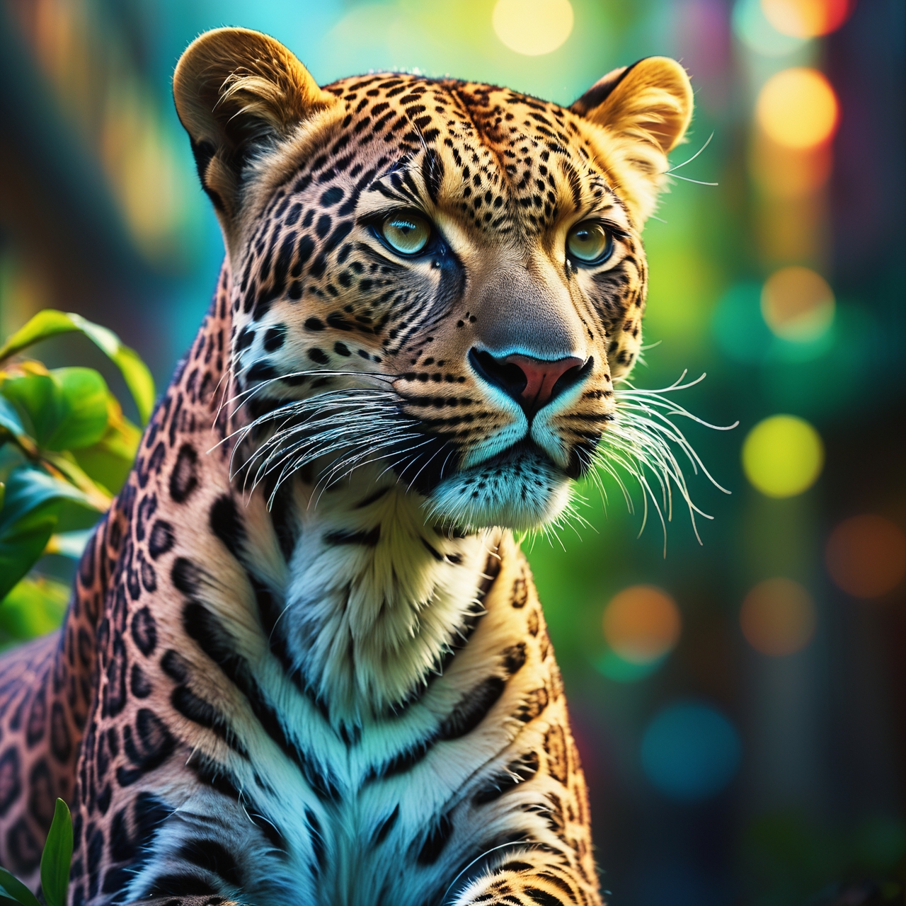 Portrait, Alluring (Leopard:1.1) , lush city, Bokeh, Fantasy, Still Life, broad lighting, 800mm lens, anaglyph effect, glittering, detailed art by Tomasz Alen Kopera, (Ross Tran:1.2)