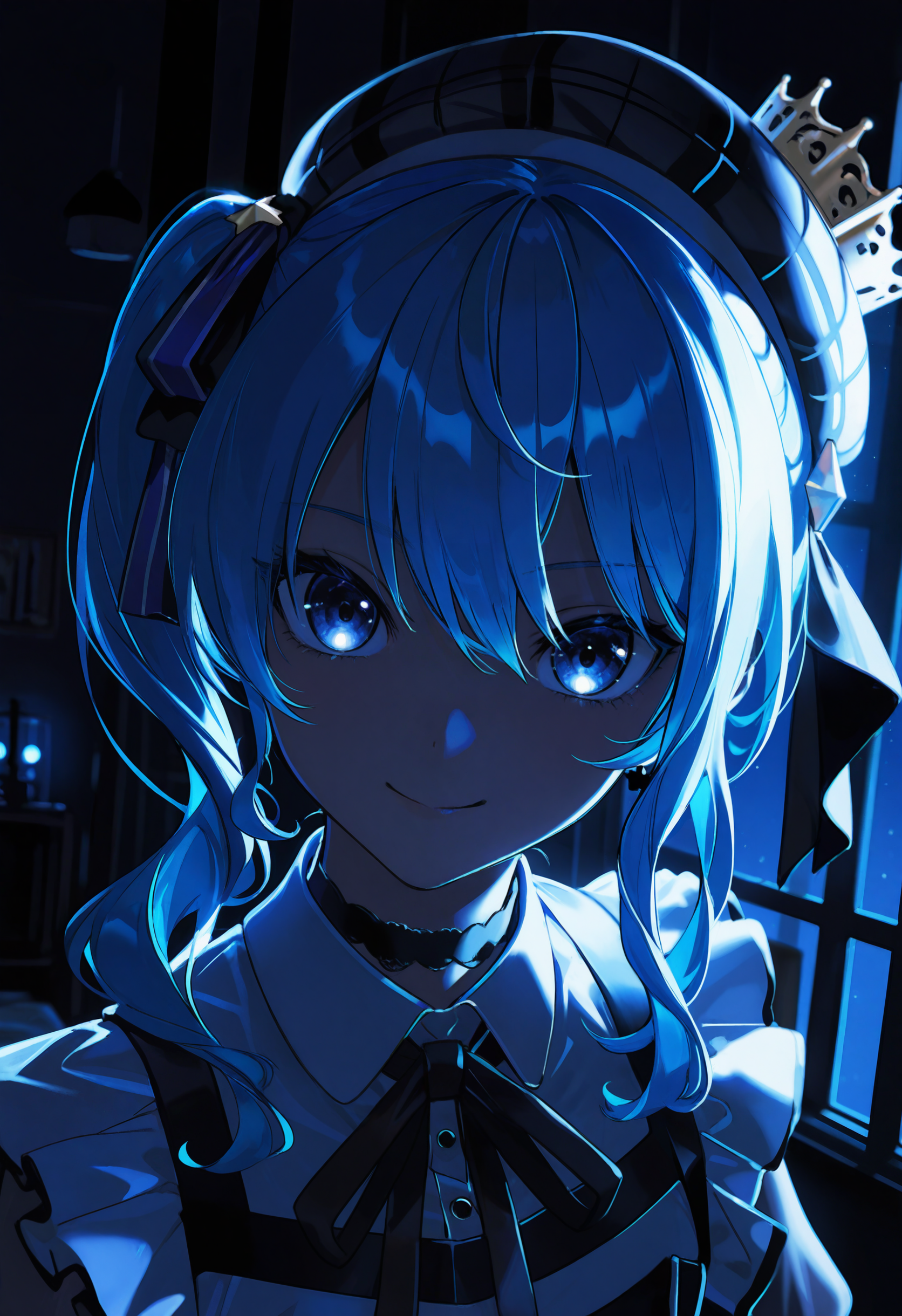 embedding:lazypos, hoshimachi suisei, hoshimachi suisei (maid), 1girl, blue hair, side ponytail, colored eyelashes, beret, depth of field, blue glow, indoors, window shade, dark, night sky, backlighting, smile, dutch angle