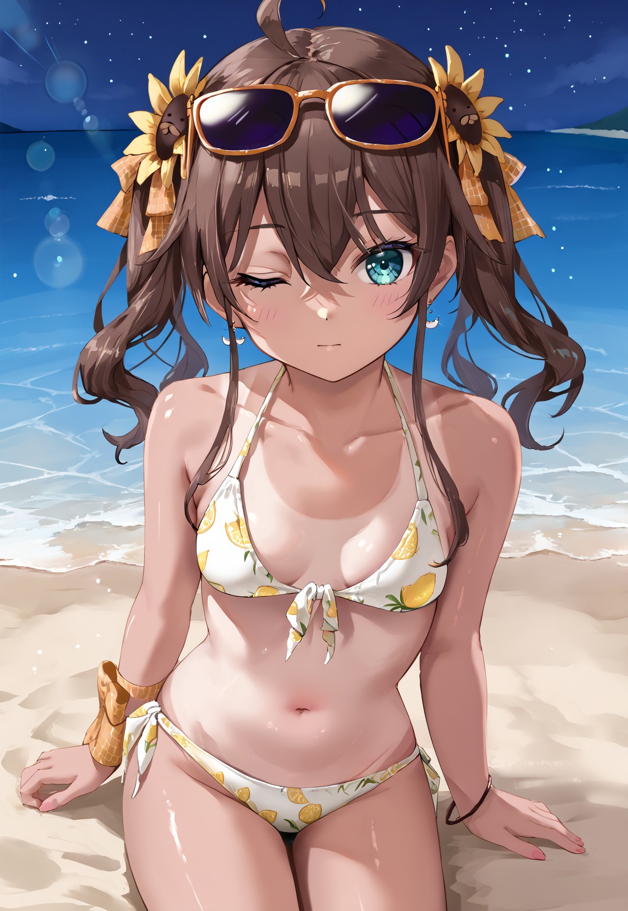 Summer2020, brown hair, ahoge, hair ornament, white bikini, swimsuit, small breasts, bangs, sunflower hair ornament, navel, sunglasses, eyewear on head, twintails, hair between eyes, one-piece tan, tanlines, front-tie bikini top, hair ribbon, earrings, collarbone, side-tie bikini bottom, bare shoulders, wrist ribbon, blue eyes, long hair, halterneck,

looking at viewer, closed mouth, head tilt, one eye closed, sitting,

beach, ocean, dark, night, night sky, 

1girl, solo, solo focus, highres, absurdres, light particles, backlighting, shade, lens flare, shiny skin, fine fabric emphasis,