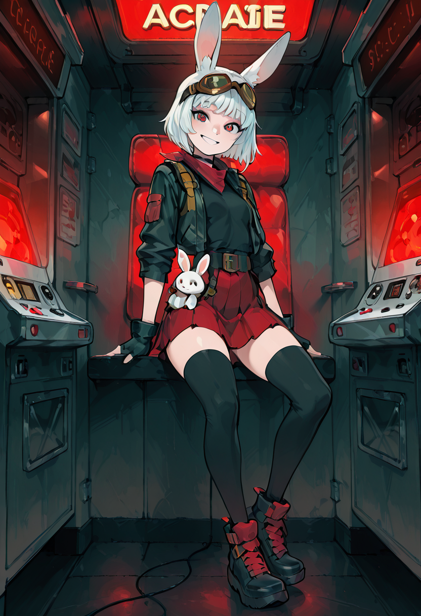 masterpiece, best quality, 1girl, solo, eyelashes, (beautiful eyes), sitting, smile,    [Cozy Neon Arcade Booth] SilvaCitronOC, red eyes, white hair, short hair, rabbit ears, rabbit girl, animal nose, goggles on head, 1girl, solo, bomber jacket, pleated skirt, thigh-high socks, platform sneakers, plush booth seat, arcade lighting, drink cup with straw, vintage game cabinet, cozy neon arcade, sitting pose, retro gamer aesthetic â Nestled into a plush vinyl booth, SilvaCitronOC sips from a plastic cup, her foot tapping with the beat of chiptune music. Her goggles reflect a glowing high-score screen as she leans back, skirt rustling. A half-played claw machine blinks beside her â one plushie already claimed.   <lora:SilvaCitronOC_IXL:0.8>,   <lora:CoutureCraze_IXL:0.6>,
