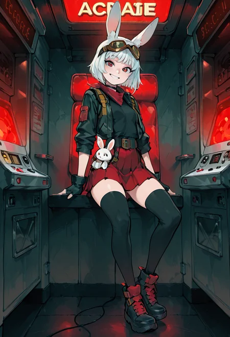 masterpiece, best quality, 1girl, solo, eyelashes, (beautiful eyes), sitting, smile,    [Cozy Neon Arcade Booth] SilvaCitronOC, red eyes, white hair, short hair, rabbit ears, rabbit girl, animal nose, goggles on head, 1girl, solo, bomber jacket, pleated skirt, thigh-high socks, platform sneakers, plush booth seat, arcade lighting, drink cup with straw, vintage game cabinet, cozy neon arcade, sitting pose, retro gamer aesthetic â Nestled into a plush vinyl booth, SilvaCitronOC sips from a plastic cup, her foot tapping with the beat of chiptune music. Her goggles reflect a glowing high-score screen as she leans back, skirt rustling. A half-played claw machine blinks beside her â one plushie already claimed.   <lora:SilvaCitronOC_IXL:0.8>,   <lora:CoutureCraze_IXL:0.6>,