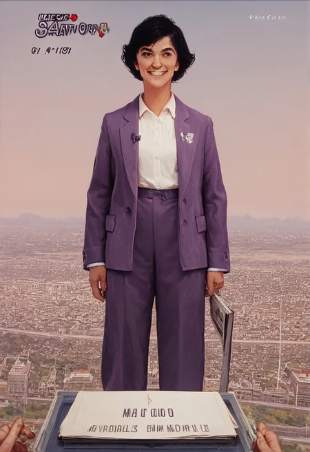 score_9, score_8_up, score_7_up, norman rockwell style, a woman with 80's style hair, black hair, purple suit jacket, white shirt, japanese text, fake screenshot, news, smiling
