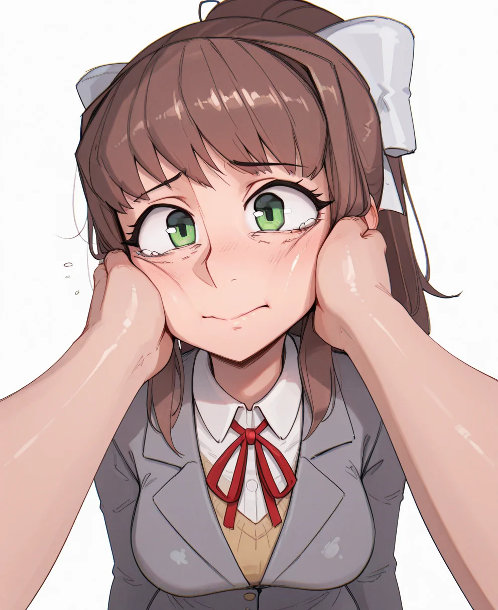 <lora:shiba:1> shibansfw,
(masterpiece), (best quality), (ultra-detailed), amazing quality, very aesthetic, illustration, perfect composition, intricate details, absurdres, incredibly absurdres, shiny skin, realistic,
shibansfw, green eyes, brown hair, 1girl, school uniform, long hair, pov, ribbon, ponytail, jacket, simple background, white background, grey jacket, solo focus, shirt, white ribbon, neck ribbon, white bow, bow, pov hands, hair bow, white shirt, closed mouth, collared shirt, s face, tearing up, red ribbon, tears, breasts, looking at viewer, general