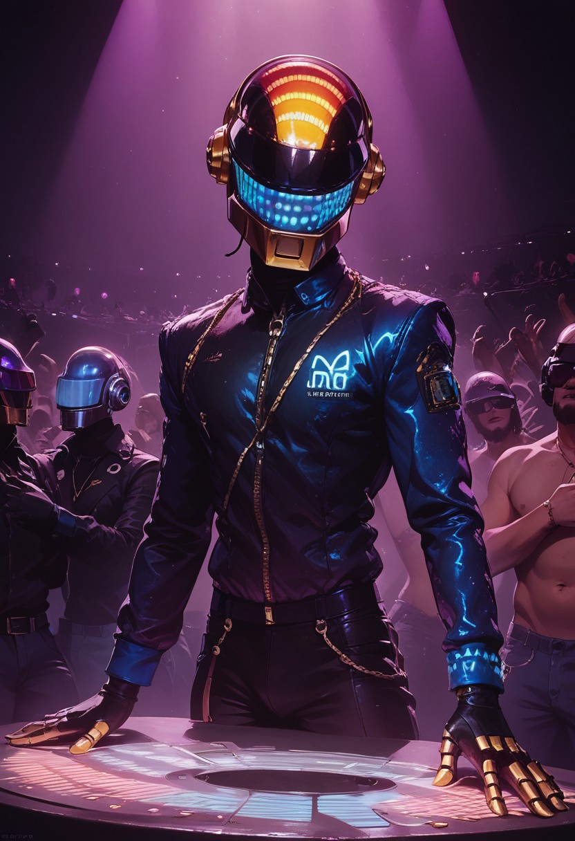 score_9, score_8_up, score_7_up, rave, helmet, skintight bodysuit, dj, Tron, mix table, concert, dark tone, bright lasers, edm, edm concert, high energy, edm mix, highly detailed, intricate, zzCitronLegacy, daft punk, daft punk helmet
