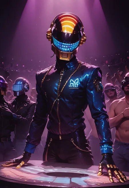 score_9, score_8_up, score_7_up, rave, helmet, skintight bodysuit, dj, Tron, mix table, concert, dark tone, bright lasers, edm, edm concert, high energy, edm mix, highly detailed, intricate, zzCitronLegacy, daft punk, daft punk helmet