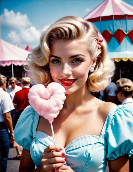 a beautiful woman holding cotton candy at a carnival in the shape of a heart, polaroid, high quality, 1950s vacation, 1950s hairstyle and clothes, blonde hair