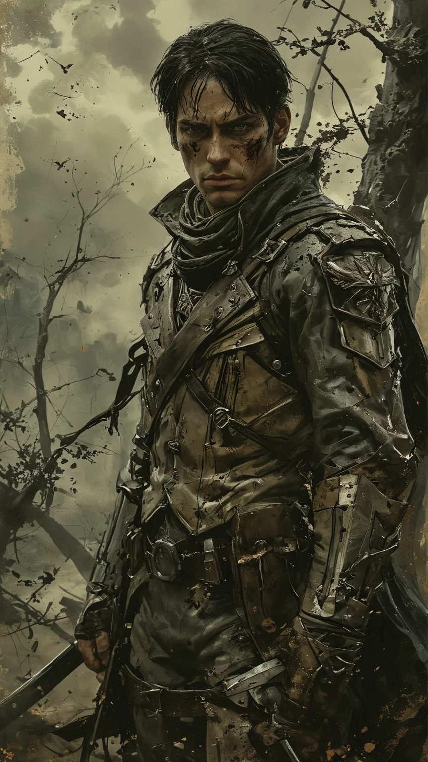 Dark fantasy style depiction of Captain Levi from Attack on Titan. He stands with a stern expression, his short black hair slightly tousled. He wears a dark, tattered version of his Survey Corps uniform, with a long, flowing cloak that blends into the shadows. His dual swords are strapped to his sides, and his maneuver gear is intricately detailed, with a more gothic and ominous design. The background is a desolate, war-torn landscape with twisted trees and dark, foreboding clouds. The overall atmosphere is grim and intense, with a sense of impending doom
<lora:add-detail-xl:2> <lora:MJ52:0.5> <lora:ink-style_A3.1_XL:0.66> (ink-style, ink_wash_painting)