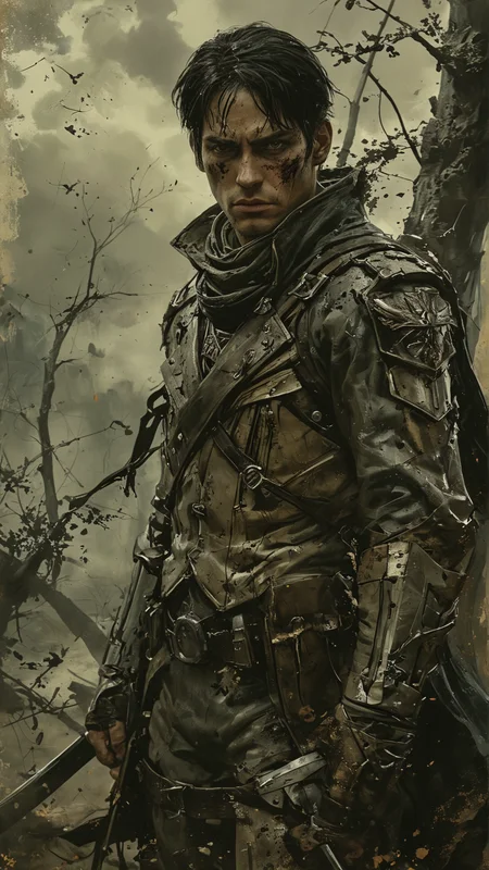 Dark fantasy style depiction of Captain Levi from Attack on Titan. He stands with a stern expression, his short black hair slightly tousled. He wears a dark, tattered version of his Survey Corps uniform, with a long, flowing cloak that blends into the shadows. His dual swords are strapped to his sides, and his maneuver gear is intricately detailed, with a more gothic and ominous design. The background is a desolate, war-torn landscape with twisted trees and dark, foreboding clouds. The overall atmosphere is grim and intense, with a sense of impending doom
<lora:add-detail-xl:2> <lora:MJ52:0.5> <lora:ink-style_A3.1_XL:0.66> (ink-style, ink_wash_painting)