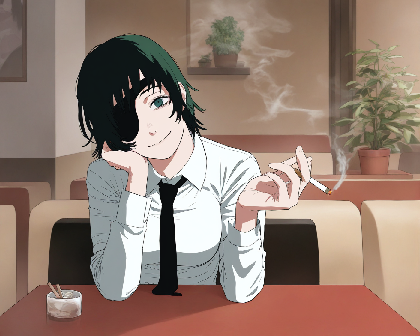 himeno \(chainsaw man\),1girl,cigarette,holding cigarette,eyepatch,black hair,necktie,black necktie,solo,looking at viewer,holding,shirt,collared shirt,white shirt,smile,short hair,indoors,elbow rest,head rest,hand on own face,formal,plant,smoking,potted plant,sitting,suit,long sleeves,closed mouth,table,restaurant,hand on own cheek,breasts,head tilt,
masterpiece,best quality,amazing quality,very aesthetic,highres,absurdres,<lora:lookback-noob10-v2-000030:1.1>,