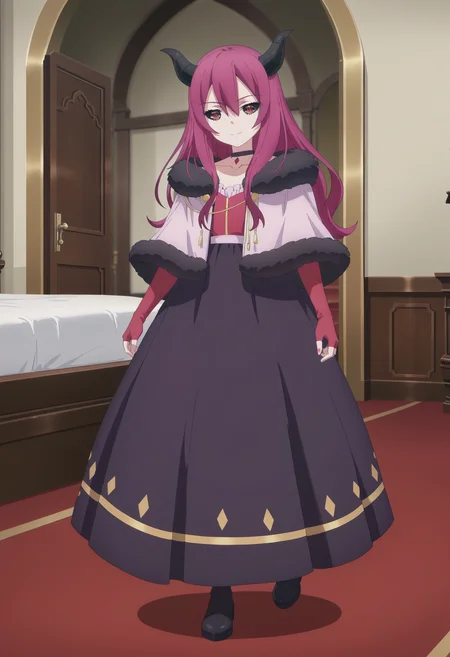 score_9, score_8_up, score_7_up, score_6_up, score_5_up, score_4_up , anime coloring ,BREAK source_anime, anime,screencap,
1girl, solo,dlord, demon girl, black choker, fur trim, capelet, fingerless gloves, dress, long dress, <lora:PonyXL Maougun Demon Lord:1>
indoors,full body,
smile, looking at viewer,