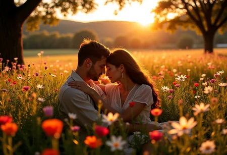 A sun-drenched meadow, vibrant with wildflowers in shades of rose, crimson, and gold, stretches towards a backdrop of rolling hills dusted with the amethyst hues of twilight.  Delicate, porcelain-white lilies, heavy with dew, bloom in profusion, mirroring the tender affection between two figures nestled amidst the blossoms.  A young woman, her hair cascading like a waterfall of midnight black, leans into the embrace of a man whose eyes, the shade of a summer sky, reflect the fiery spectacle of the setting sun.  His strong hands cradle her gently, and the air hums with the sweet scent of honeysuckle and the soft murmur of a nearby babbling brook.  Sunlight, refracted through the leaves of ancient oak trees, paints intricate patterns on the lovers' faces, their expressions conveying a profound intimacy and shared longing. The warmth of the golden hour, tinged with a touch of melancholy as the sun descends, casts a soft, romantic glow over the entire scene, while the rustle of leaves and the chirping of unseen birds create a gentle, harmonious soundtrack to this timeless love story.