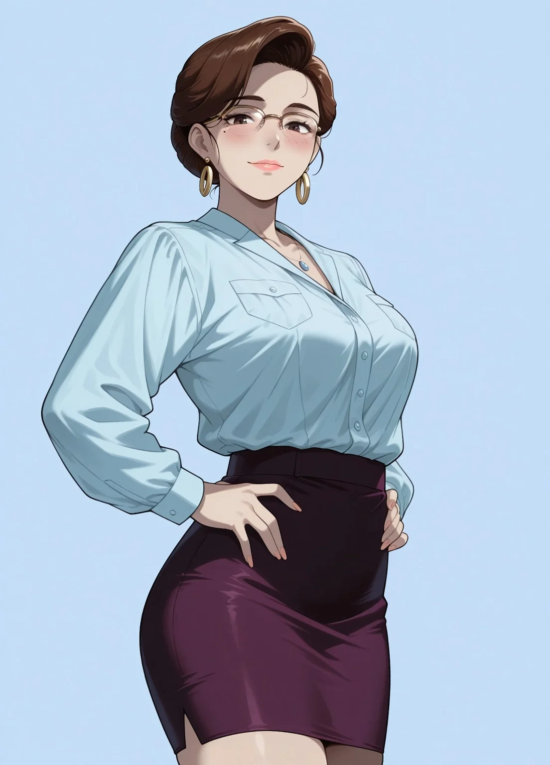 masterpiece, best quality, amazing quality, absurdres, 

b10_0ff, n0r0ff, 1girl, brown hair, single hair bun, brown eyes, lips, (mole:0.7), large breasts, earrings, golden earrings, necklace, jewelry, blue shirt, collared shirt, shirt tucked in, purple skirt, pencil skirt

glasses, gold earrings, blue button-up shirt, long sleeves, tucked-in shirt, tight purple pencil skirt, Golden-frame eyewear,

, smile, standing, hands on the hips, cowboy shot, looking at viewer, standing, blush,simple background, blue background,