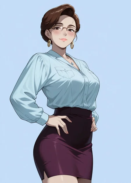 masterpiece, best quality, amazing quality, absurdres, 

b10_0ff, n0r0ff, 1girl, brown hair, single hair bun, brown eyes, lips, (mole:0.7), large breasts, earrings, golden earrings, necklace, jewelry, blue shirt, collared shirt, shirt tucked in, purple skirt, pencil skirt

glasses, gold earrings, blue button-up shirt, long sleeves, tucked-in shirt, tight purple pencil skirt, Golden-frame eyewear,

, smile, standing, hands on the hips, cowboy shot, looking at viewer, standing, blush,simple background, blue background,