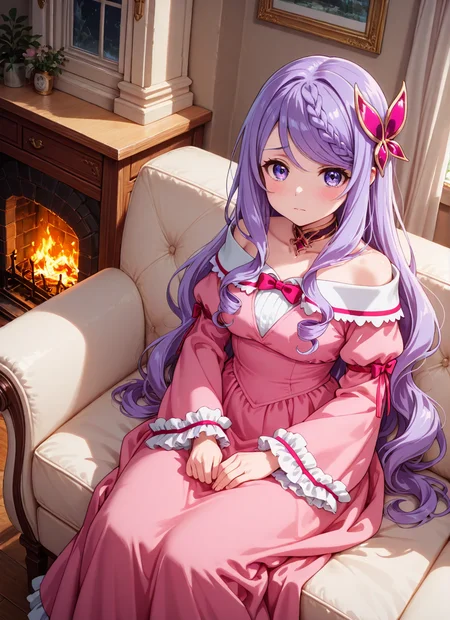 source_anime BREAK prefect lighting,very aesthetic,prefect hands,best quality,
intricate details,highly detailed background,(masterpiece:0.9),high quality,lustrous_skin,skindentation,(zPDXL3),
ultra delicate hair,
face_detail,
skin_detail,<lora:cfg_scale_boost>,
lustrous_skin,skindentation,
shiny skin,
<lora:seirei_gensouki_-_flora_beltrum_il:0.7>,flora_beltrum,very_long_hair,purple_hair,swept_bangs,braided_bangs,hair_ornament,purple_eyes,
choker,bow,pink_dress,off-shoulder_dress,frills,
masterpiece,best quality,ultra-detailed,Best-A,Medium-B,Low-C,Bad-D,cute,light_blush,dynamic_angle,
looking at viewer,indoor,couch,bedroom,fireplace,window_,curtains,sitting,scared,