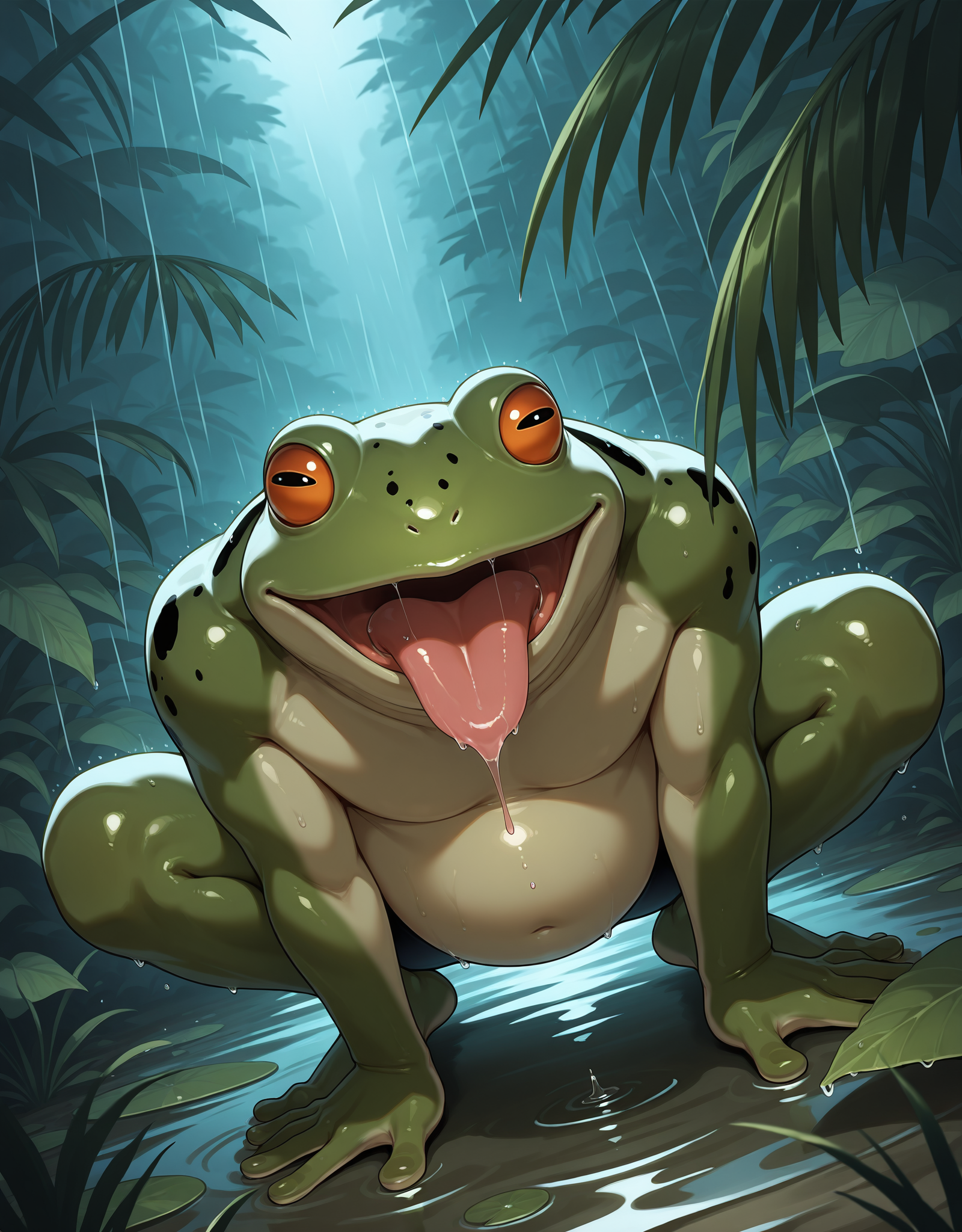 masterpiece,best quality,huge filesize,zPDXL,jungle,rain,wet,
BREAK frogmanv2,solo,colored skin,monster,frog,<lora:Frogmannsfw-000014:0.7>,dynamic_angle,squatting,crawling,fat_monster,(long tongue:0.5),poisonous frog,(purple saliva:1.2),(mucus:1.2),