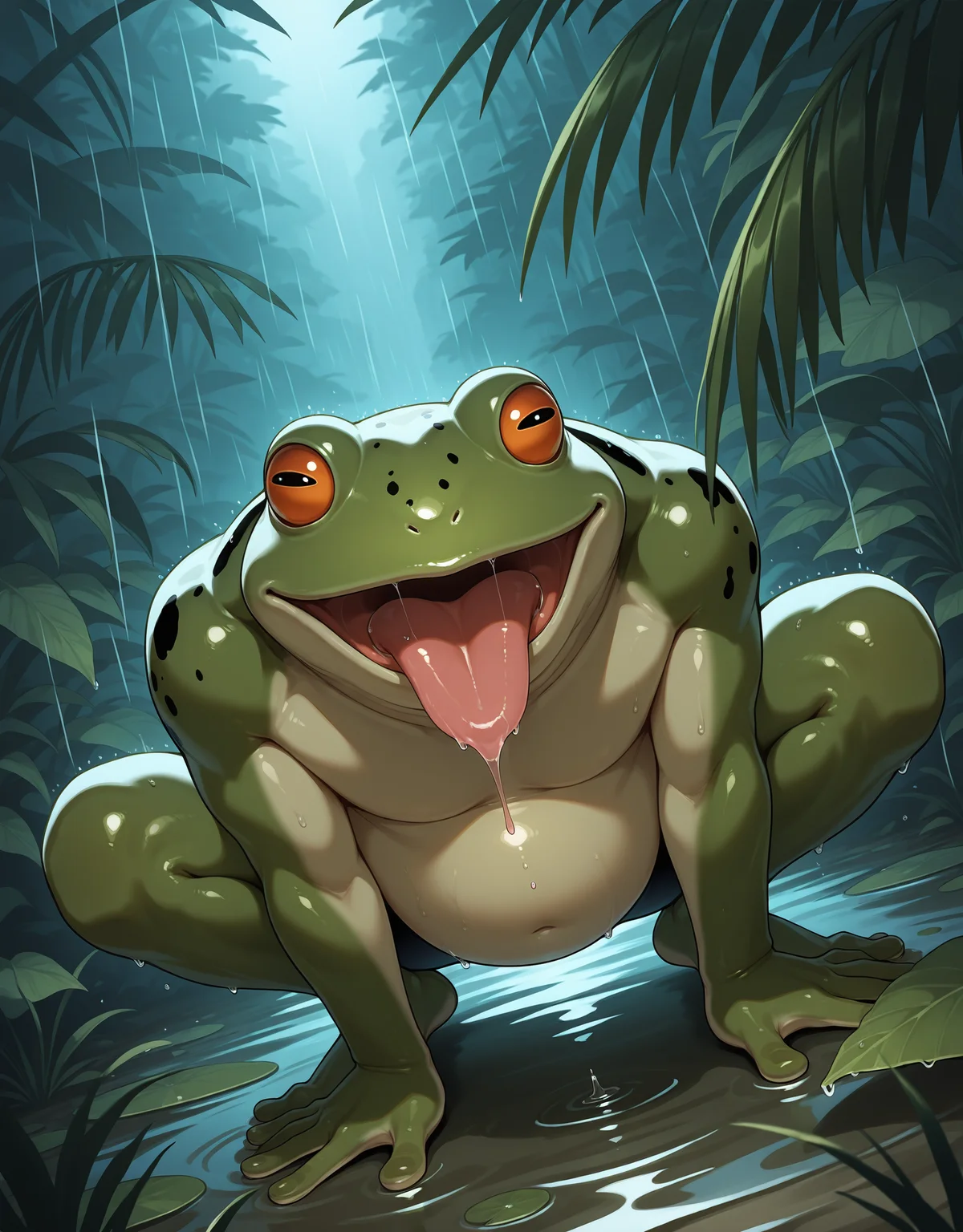 masterpiece,best quality,huge filesize,zPDXL,jungle,rain,wet,
BREAK frogmanv2,solo,colored skin,monster,frog,<lora:Frogmannsfw-000014:0.7>,dynamic_angle,squatting,crawling,fat_monster,(long tongue:0.5),poisonous frog,(purple saliva:1.2),(mucus:1.2),