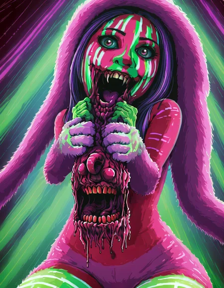 <lora:brho:0.7>brho, girl, body paint, fuzzy hooded green fur suit covering arms and hands, squishing deformed face, pink white and blue light streaks