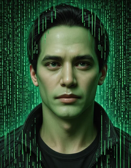 om0atrix0, 1boy, solo, male focus, black hair, realistic, green theme, glitch