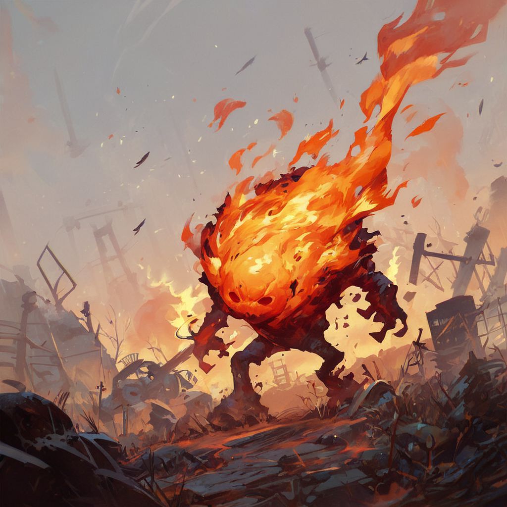 score_9, score_8_up, 8, score_7_up, score_6_up, solo, burning strange blob elemental fire creature made from flame and heat, in a wasteland bunker, dutch angle,
