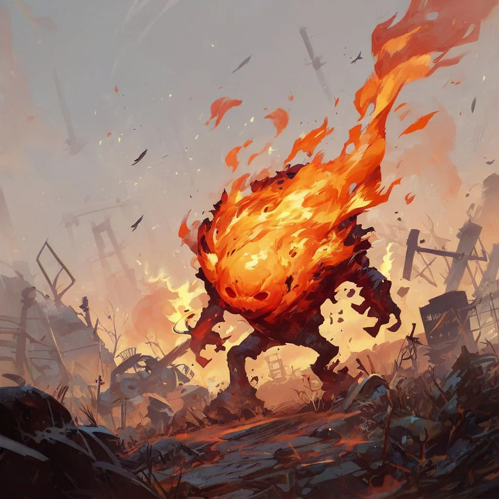 score_9, score_8_up, 8, score_7_up, score_6_up, solo, burning strange blob elemental fire creature made from flame and heat, in a wasteland bunker, dutch angle,