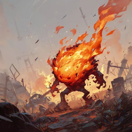 score_9, score_8_up, 8, score_7_up, score_6_up, solo, burning strange blob elemental fire creature made from flame and heat, in a wasteland bunker, dutch angle,