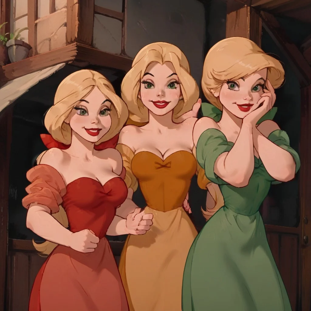 Expressiveh, score_9,score_8_up,score_7_up,verybadimagenegative_v1.3, negative_hand, Th1sUs3r, score_9, score_8_up, score_7_up, bimbettes,, long hair, breasts, smile, multiple girls, blonde hair, dress, cleavage, bare shoulders, medium breasts, green eyes, 3girls, strapless, makeup, red dress, lipstick, green dress, red lips, yellow dress