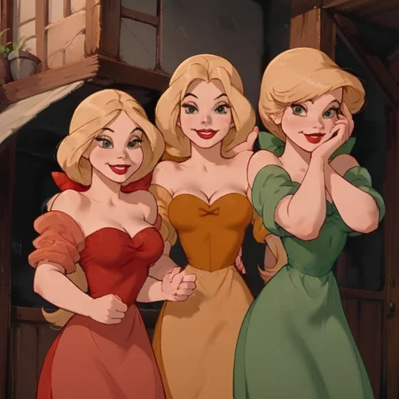 Expressiveh, score_9,score_8_up,score_7_up,verybadimagenegative_v1.3, negative_hand, Th1sUs3r, score_9, score_8_up, score_7_up, bimbettes,, long hair, breasts, smile, multiple girls, blonde hair, dress, cleavage, bare shoulders, medium breasts, green eyes, 3girls, strapless, makeup, red dress, lipstick, green dress, red lips, yellow dress