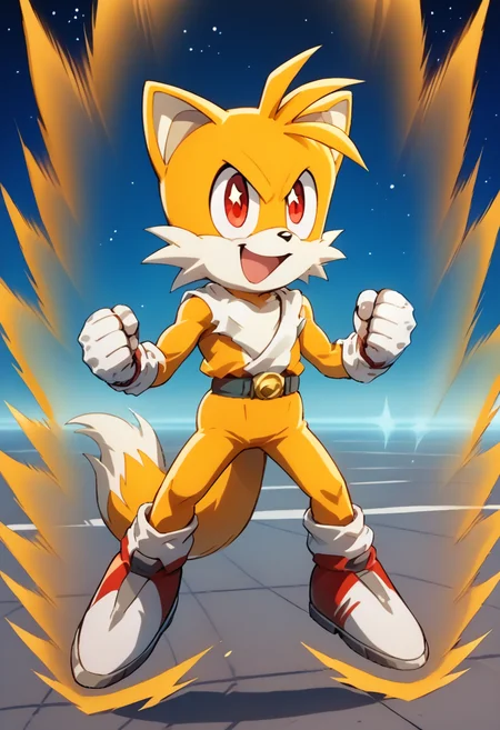 <lora:superSaiyanAura_PDXL_Mlaofmd-10:1.0>, <lora:Tails_-_Sonic_X_Pony:1.0>, score_9, score_8_up, score_7_up, score_6_up, Tails_P, furry male, gold yellow fur, red eyes, two tails, red-white shoes, socks, white gloves, solo, detailed eyes, clenched hands, supersaiyanaura, power, aura, sharp aura, yellow aura, fight stance, flying, looking at viewer, smile, happy, :D, open mouth, galaxy, starry, galaxy background,