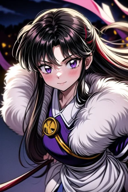 masterpiece, best quality 1girl Setsun4 solo long hair, (night time) forest background black hair very long hair purple eyes multicolored hair armor (fur trim) (medium body),<lora:EMS-179-EMS:0.800000>,<lora:EMS-293862-EMS:0.800000> bow, hair_bow, hair_tubes, red_bow, brown_hair, long_hair, bangs, ascot, frilled_bow, yellow_ascot, blush, smile, hair_between_eyes, athletic, armor, miko