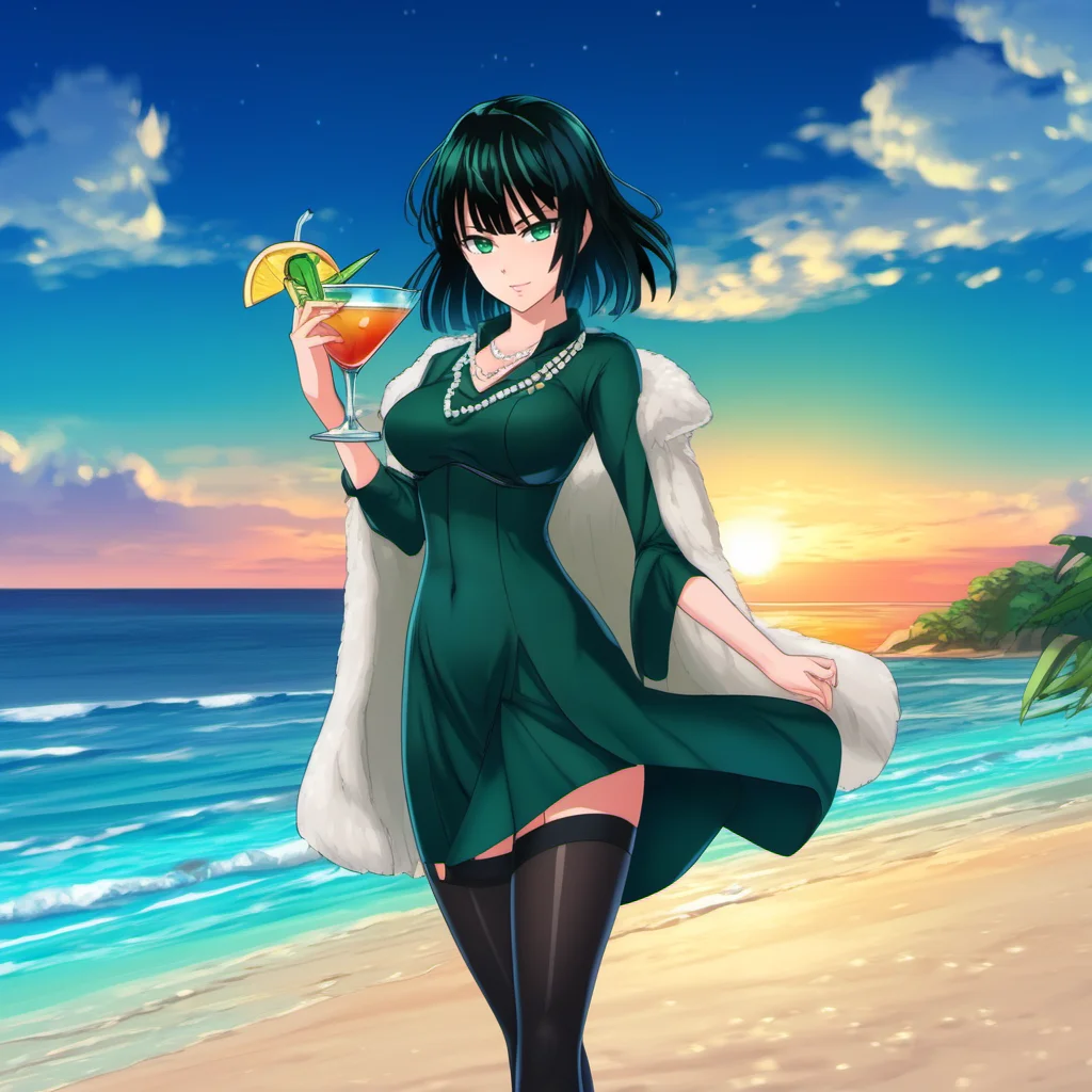 anime artwork full body portrait 1girl, large breast, green eyes, dress, necklace, thighhighs, jewelry, short black hair, bangs, having a cocktail on the beach, sunset <lora:Fubuki1024:0.8> . anime style, key visual, vibrant, studio anime, highly detailed