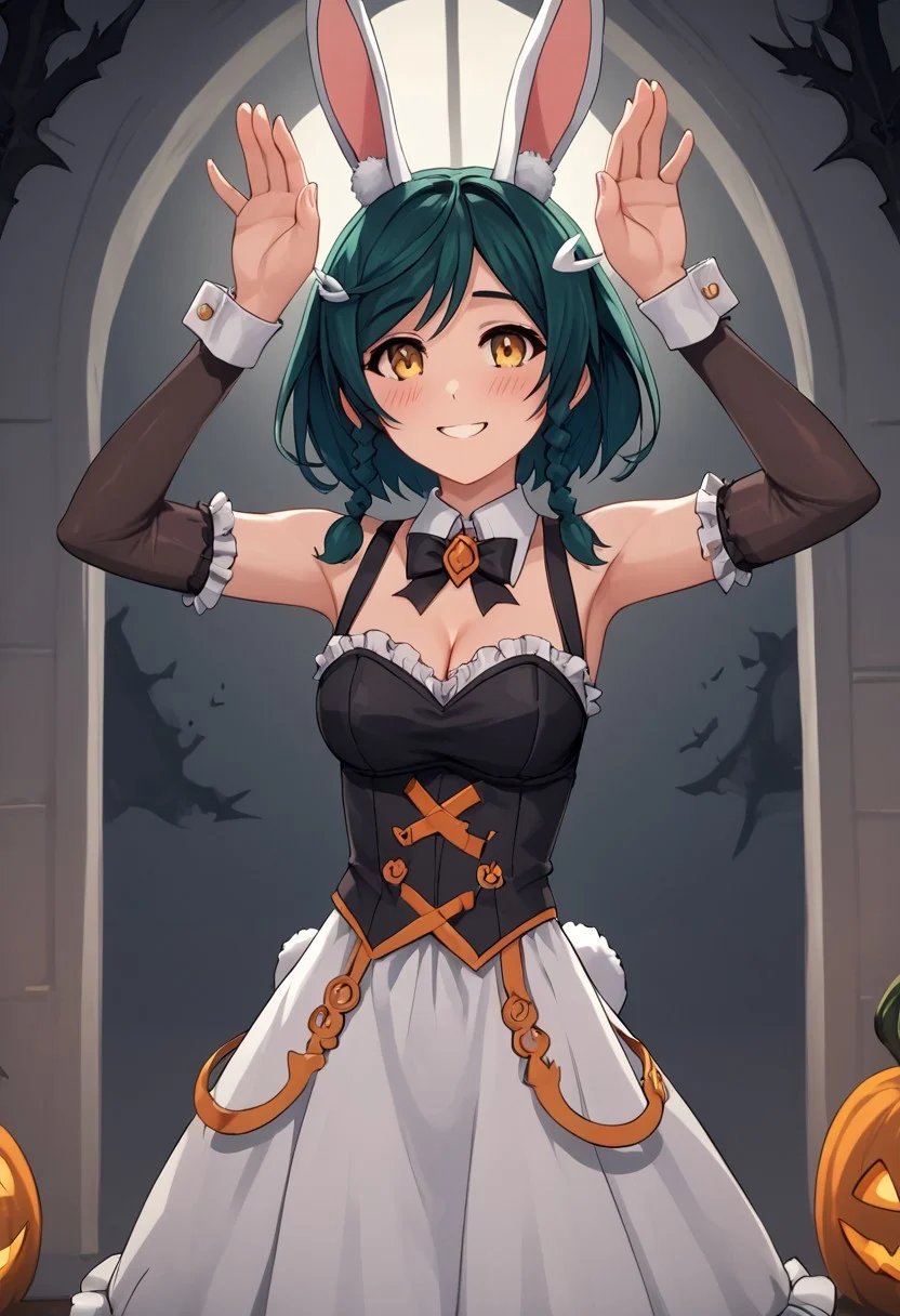 score_4,score_5,score_6,score_7_up,score_8_up,score_9
((masterpiece,best quality,ultra detailed,highres,HD,4k:1.2)),
1 cute girl,girl forcus,
full body,1girl, solo, medium hair, dark green hair, braids, two braids, yellow eyes,
Halloween, Halloween costume, rabbit ears, rabbit tail, bare shoulders, cleavage, sleeveless dress, frilly dress, black elbow gloves,
((rabbit pose,With both hands above the head,)), shy, shy smile,blush,