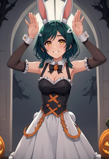 score_4,score_5,score_6,score_7_up,score_8_up,score_9
((masterpiece,best quality,ultra detailed,highres,HD,4k:1.2)),
1 cute girl,girl forcus,
full body,1girl, solo, medium hair, dark green hair, braids, two braids, yellow eyes,
Halloween, Halloween costume, rabbit ears, rabbit tail, bare shoulders, cleavage, sleeveless dress, frilly dress, black elbow gloves,
((rabbit pose,With both hands above the head,)), shy, shy smile,blush,