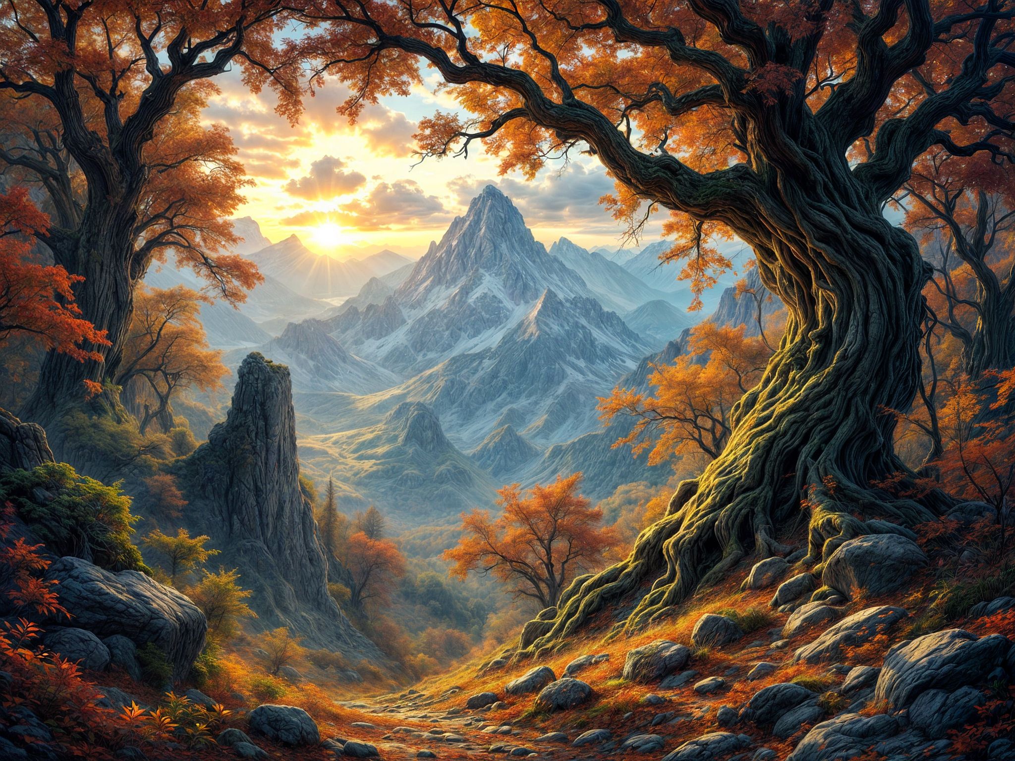 (ruins, broken, snow, dappled sunlight:1.2), sun, tree, forest, scenery, rock, reflection, ancient, overgrown, mountains, sunset, clouds, mountainous horizon, fantasy, medieval, 1other, looking away (masterpiece, exceptional, best aesthetic, best quality, masterpiece, extremely detailed:1.2), in the style of umempart