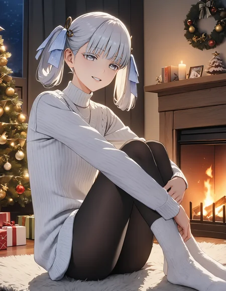 masterpiece, best quality, 8K, very aesthetic, UHD, volumetric lighting, natural lighting, highly detailed, intricate details, 1girl, casual outfit, home clothes, white oversized wool sweater, tights, wool socks, twintails, white eyelashes, white hair, white eyes, lifelike female body, perfect female body shape, narrow waist, smiling, sitting on a rug, hugging her legs, tilting her head, dim light, christmas decorations, fireplace, night, cozy wooden house, <lora:Jinhsi_V1.11:0.7>