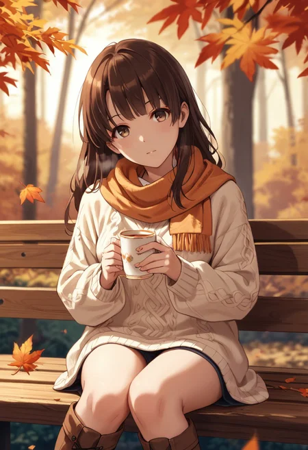 score_9, score_8_up, score_8, score_7_up, source_anime,
1girl, katou megumi, Megumi <lora:KatoMegumi:1>,brown hair,katou megumi,brown eyes, medium breasts , long hair, masterpiece, best quality, autumn forest theme, warm golden leaves, wearing a cozy oversized sweater (cream), brown boots, sitting on a wooden bench surrounded by fallen leaves, holding a steaming cup of tea, soft scarf (light orange) wrapped loosely, sunlight breaking through tree branches, calm and introspective expression, slight head tilt, blurred background with autumn foliage, rich warm color palette, cinematic depth of field, tranquil and nostalgic atmosphere